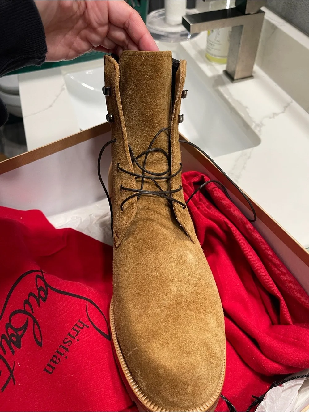 Christian Louboutin Suede Tan Lace-Up Ankle Boots with Ribbed Collar